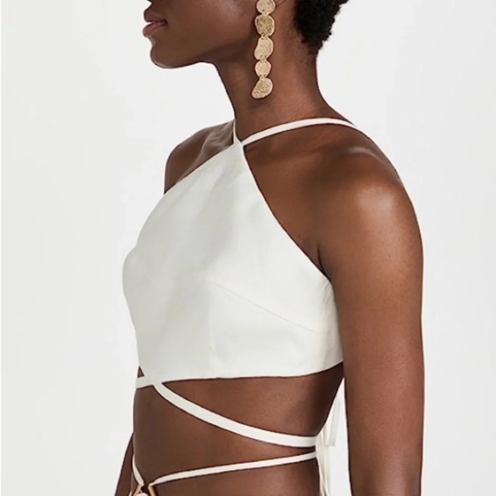 Cult Gaia Drew Linen Strappy Halter Criss Cross Blouse Crop Tie Top Off White